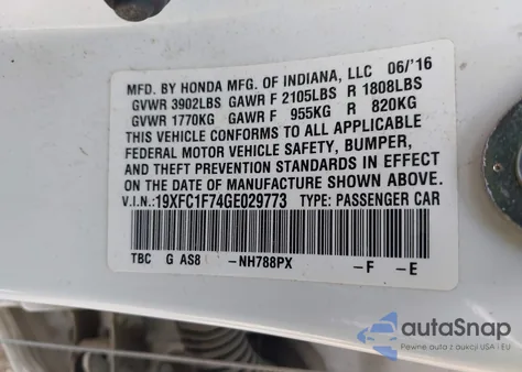 2016 Honda Civic Ex-L из США, поврежденный, VIN 19XFC1F74GE029773